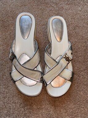 Cole Haan White and Silver Wide Strap Wedge Sandals 9